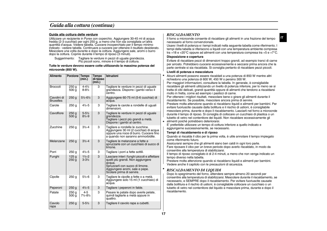 Samsung GE86NT-B/XET manual Guida alla cottura continua, Riscaldamento DI Liquidi 