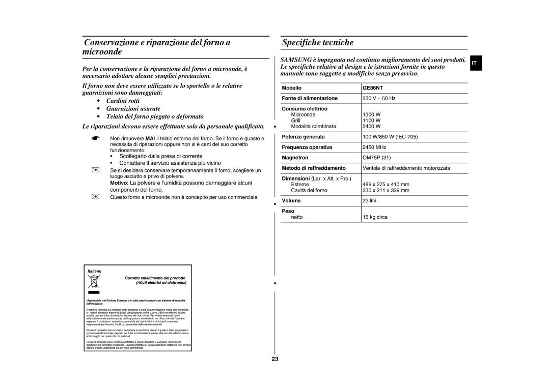 Samsung GE86NT-B/XET manual Conservazione e riparazione del forno a microonde, Specifiche tecniche 