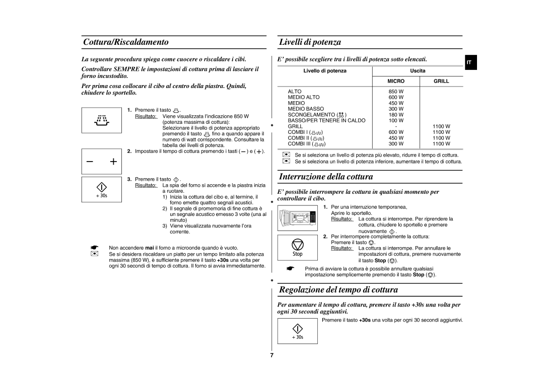 Samsung GE86NT-B/XET manual Cottura/Riscaldamento Livelli di potenza, Interruzione della cottura, Livello di potenza Uscita 