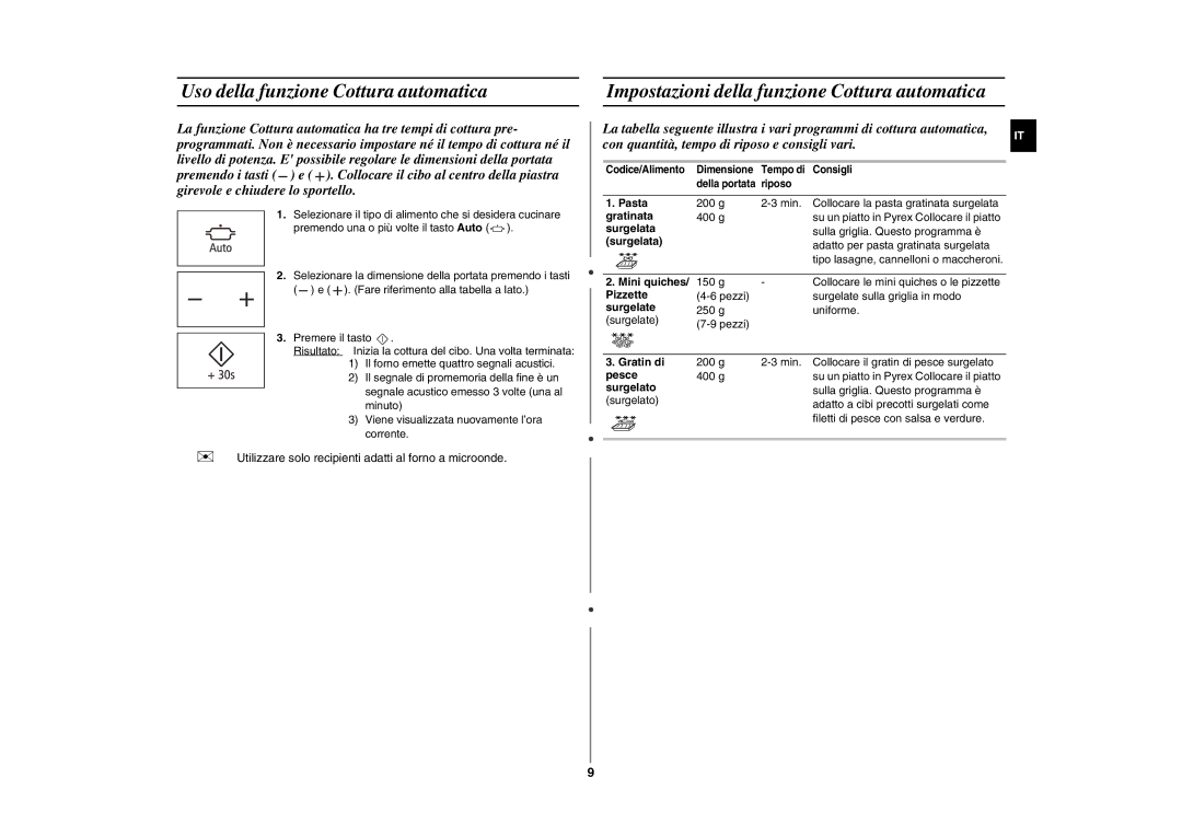 Samsung GE86NT-B/XET manual Uso della funzione Cottura automatica, Impostazioni della funzione Cottura automatica 