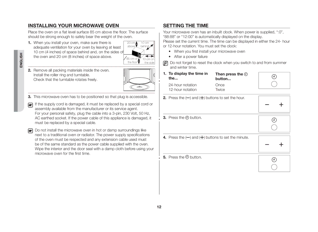 Samsung GE86NT-S/XSV manual Installing your microwave oven, Setting the time 