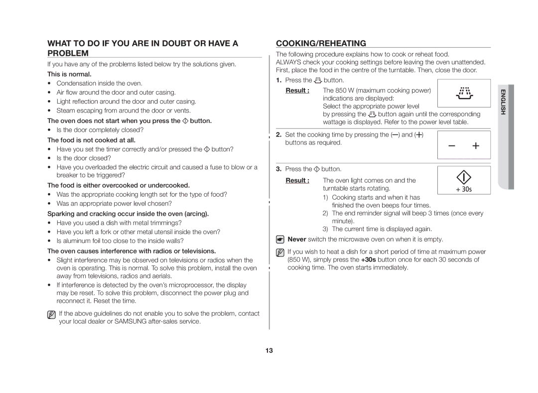 Samsung GE86NT-S/XSV manual What to do if you are in doubt or have a problem, Cooking/Reheating 