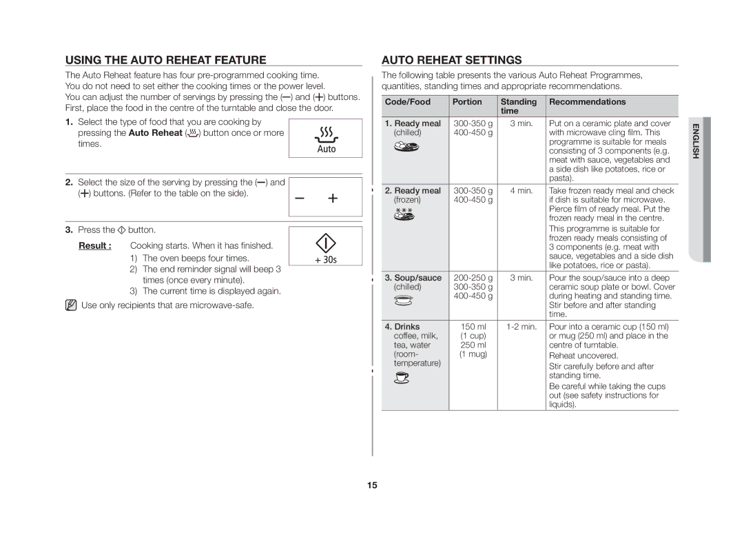 Samsung GE86NT-S/XSV Using the auto reheat feature, Auto reheat settings, Code/Food Portion Standing Recommendations Time 