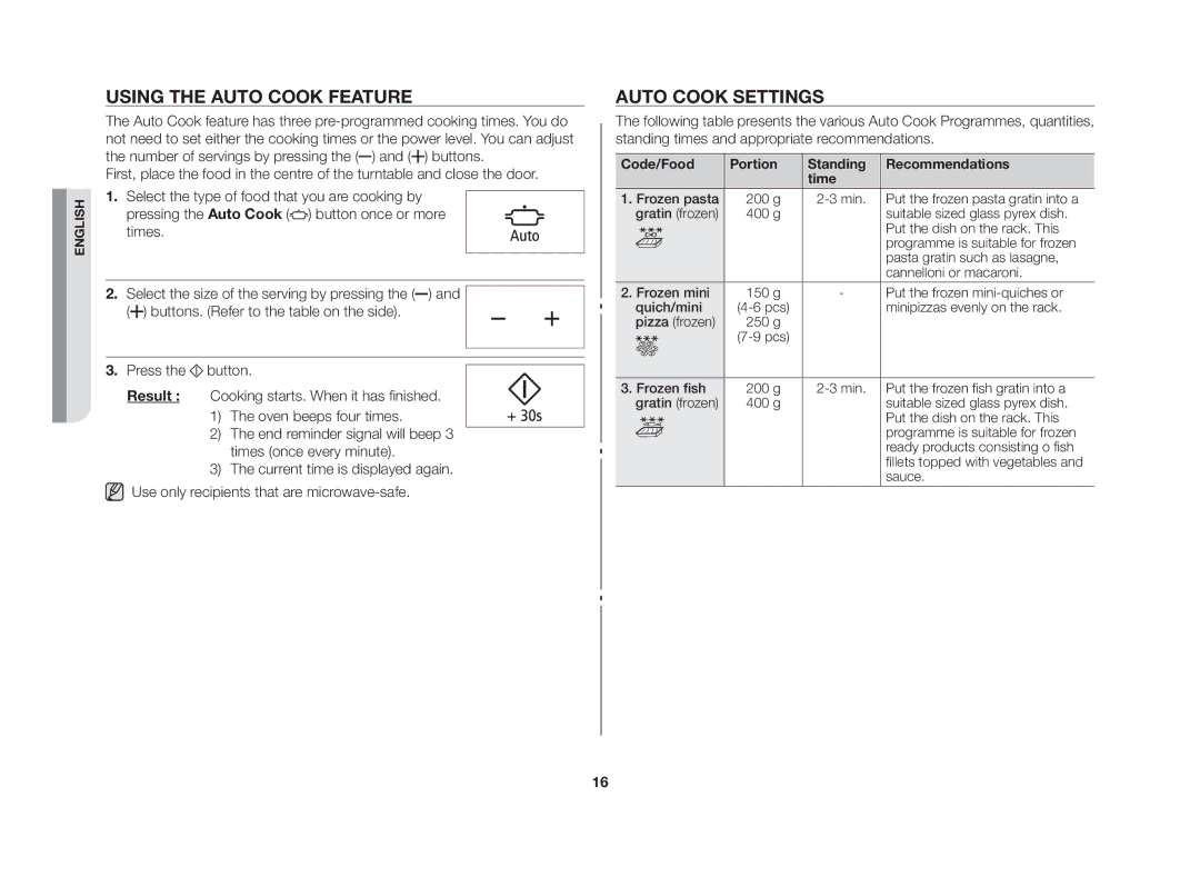 Samsung GE86NT-S/XSV manual Using the auto cook feature, Auto cook settings 