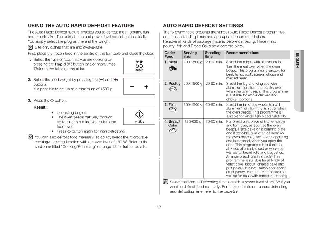 Samsung GE86NT-S/XSV manual Using the auto rapid defrost feature, Auto rapid defrost settings 