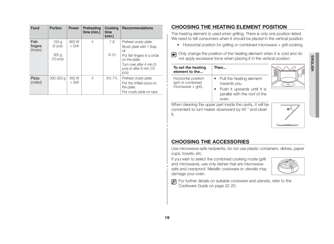 Samsung GE86NT-S/XSV Choosing the heating element position, Choosing the accessories, To set the heating Then Element to 