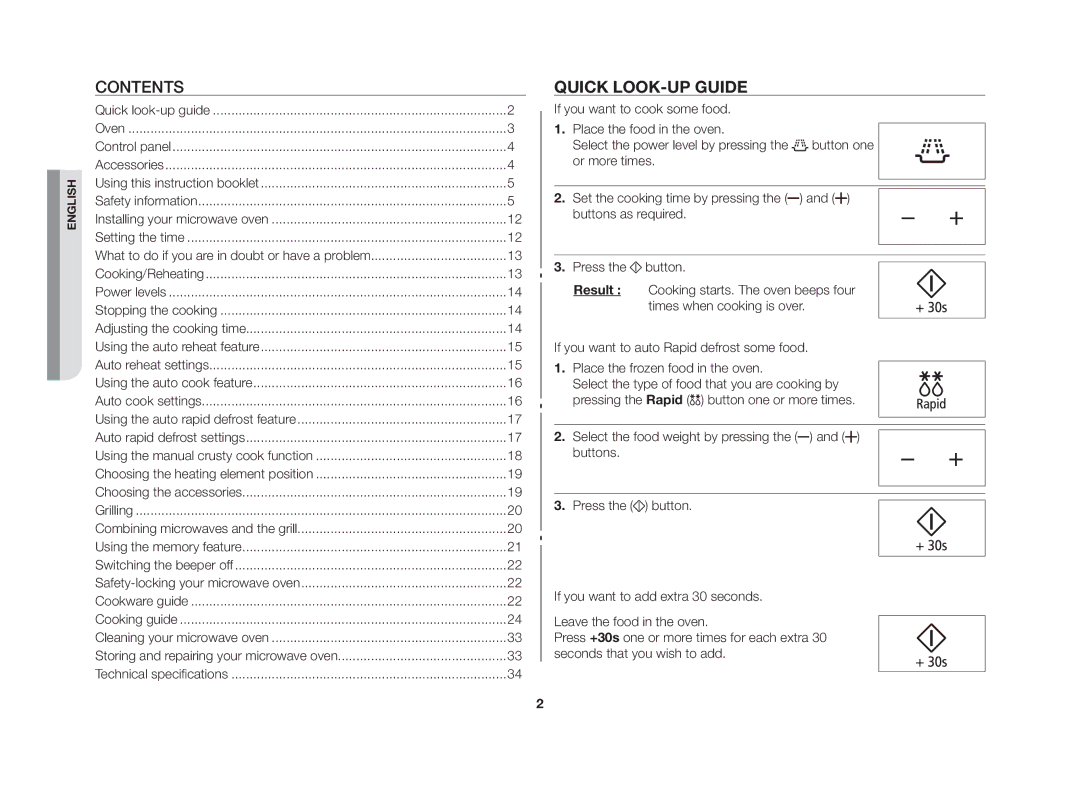 Samsung GE86NT-S/XSV manual Contents, Quick look-up guide 