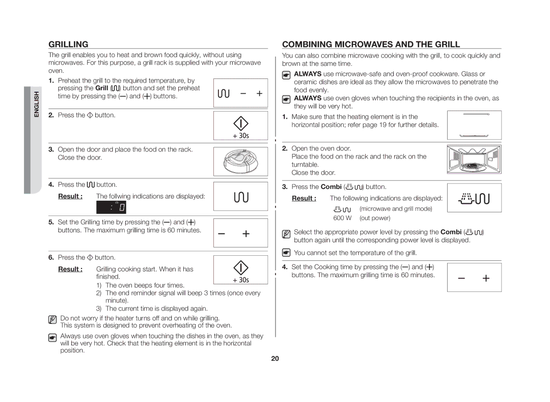 Samsung GE86NT-S/XSV manual Grilling, Combining microwaves and the grill 