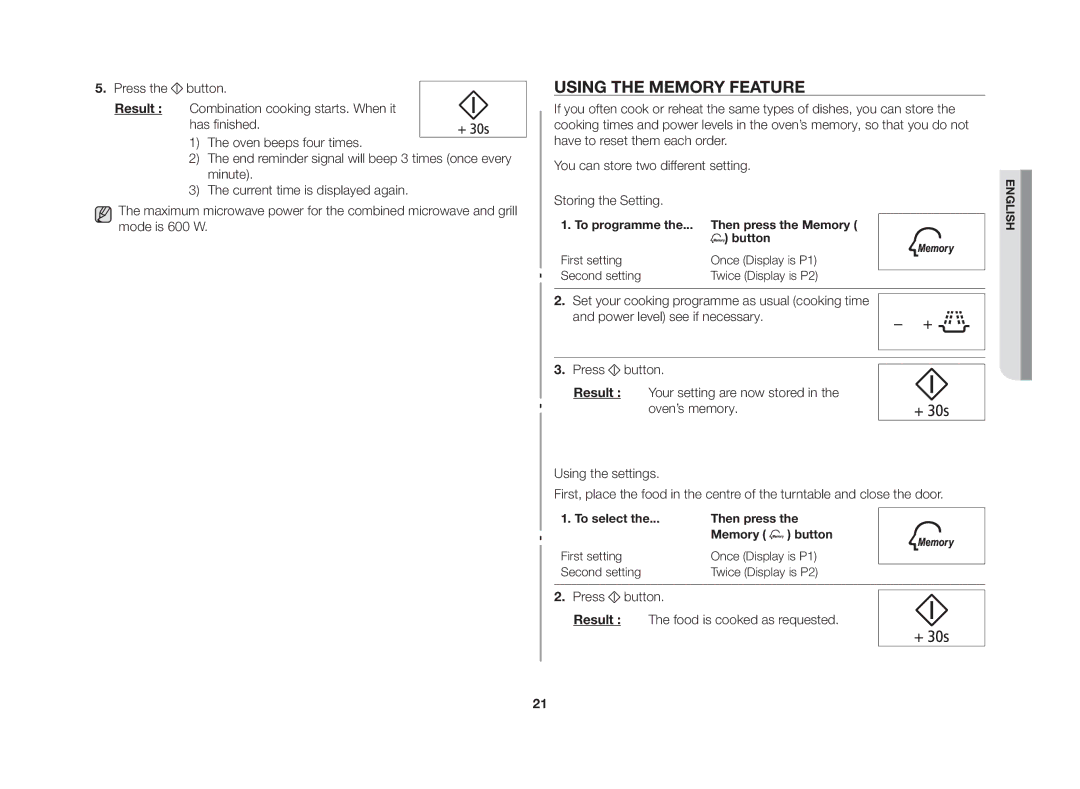 Samsung GE86NT-S/XSV manual Using the memory feature, To programme the... Then press the Memory Button 