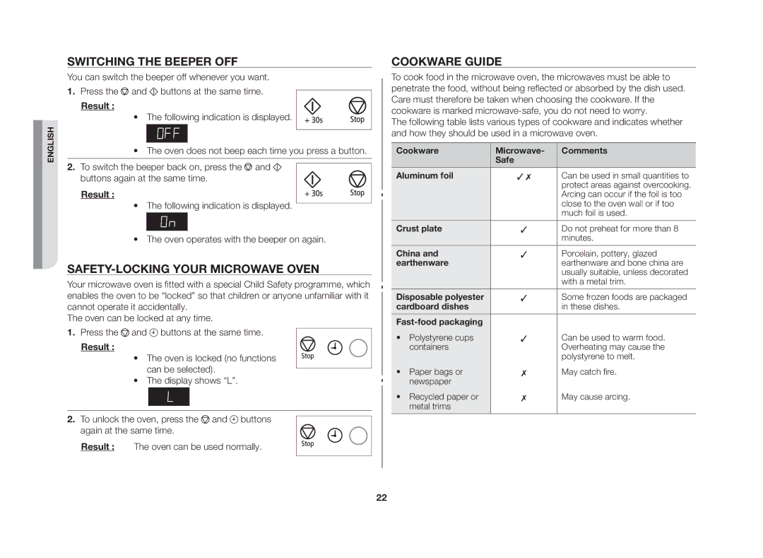 Samsung GE86NT-S/XSV manual Switching the beeper off, Safety-locking your microwave oven, Cookware guide 