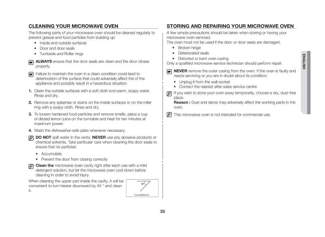 Samsung GE86NT-S/XSV manual Cleaning your microwave oven, Storing and repairing your microwave oven 