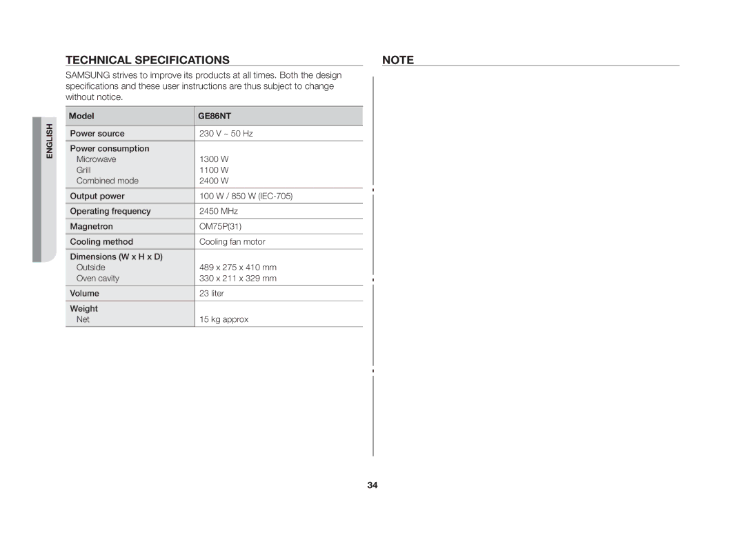 Samsung GE86NT-S/XSV manual Technical specifications, Model 