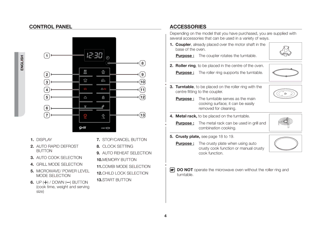 Samsung GE86NT-S/XSV manual Control panel, Accessories 