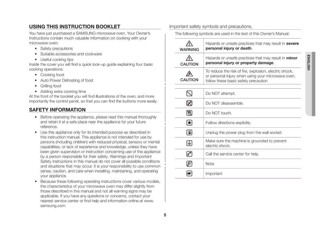 Samsung GE86NT-S/XSV manual Using this instruction booklet, Safety information 