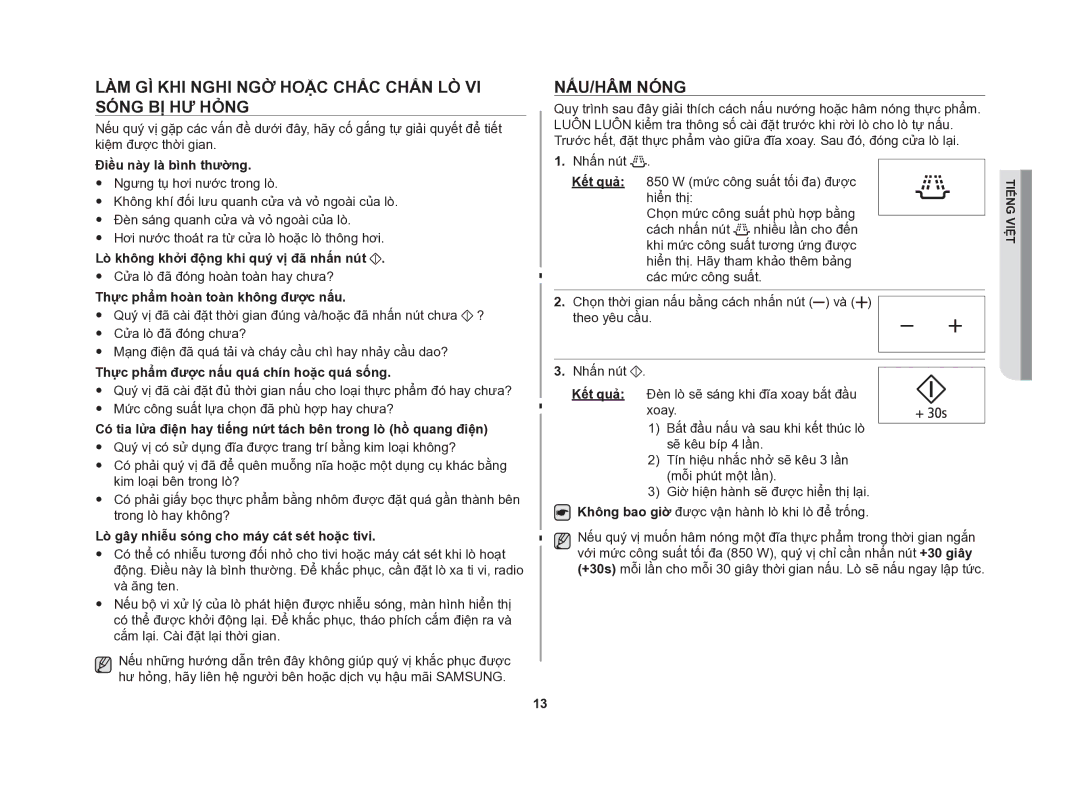Samsung GE86NT-S/XSV manual Làm gì khi nghi ngờ hoặc chắc chắn lò vi sóng bị hư hỏng, Nấu/Hâm nóng 