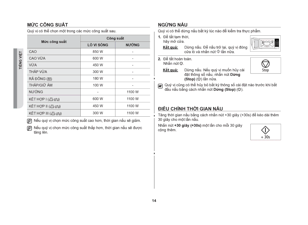 Samsung GE86NT-S/XSV manual Ngừng nấu, Điều chỉnh thời gian nấu, Mức công suất Công suất 