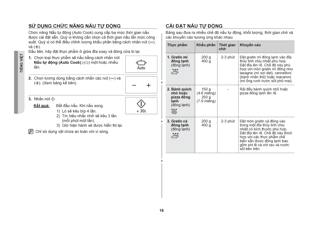 Samsung GE86NT-S/XSV manual Sử dụng chức năng nấu tự động, Cài đặt nấu tự động, Nấu tự động Auto Cook một hoặc nhiều lần 