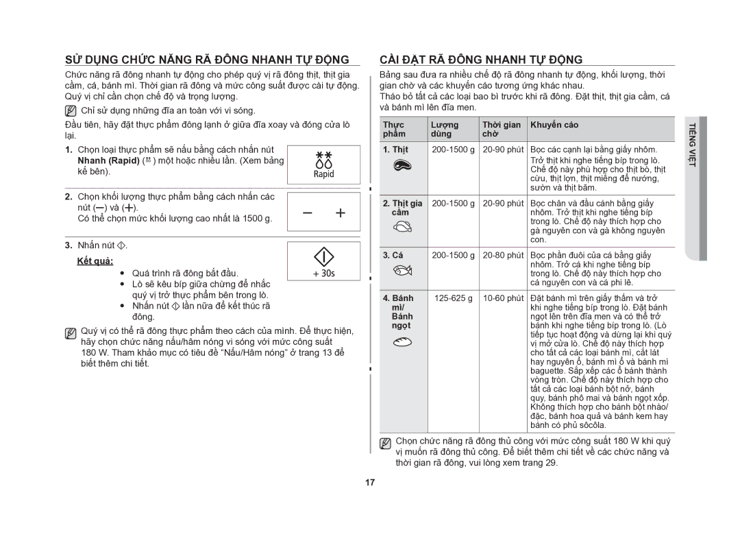 Samsung GE86NT-S/XSV manual Sử dụng chức năng rã đông nhanh tự động, Cài đặt rã đông nhanh tự động, Kết quả 