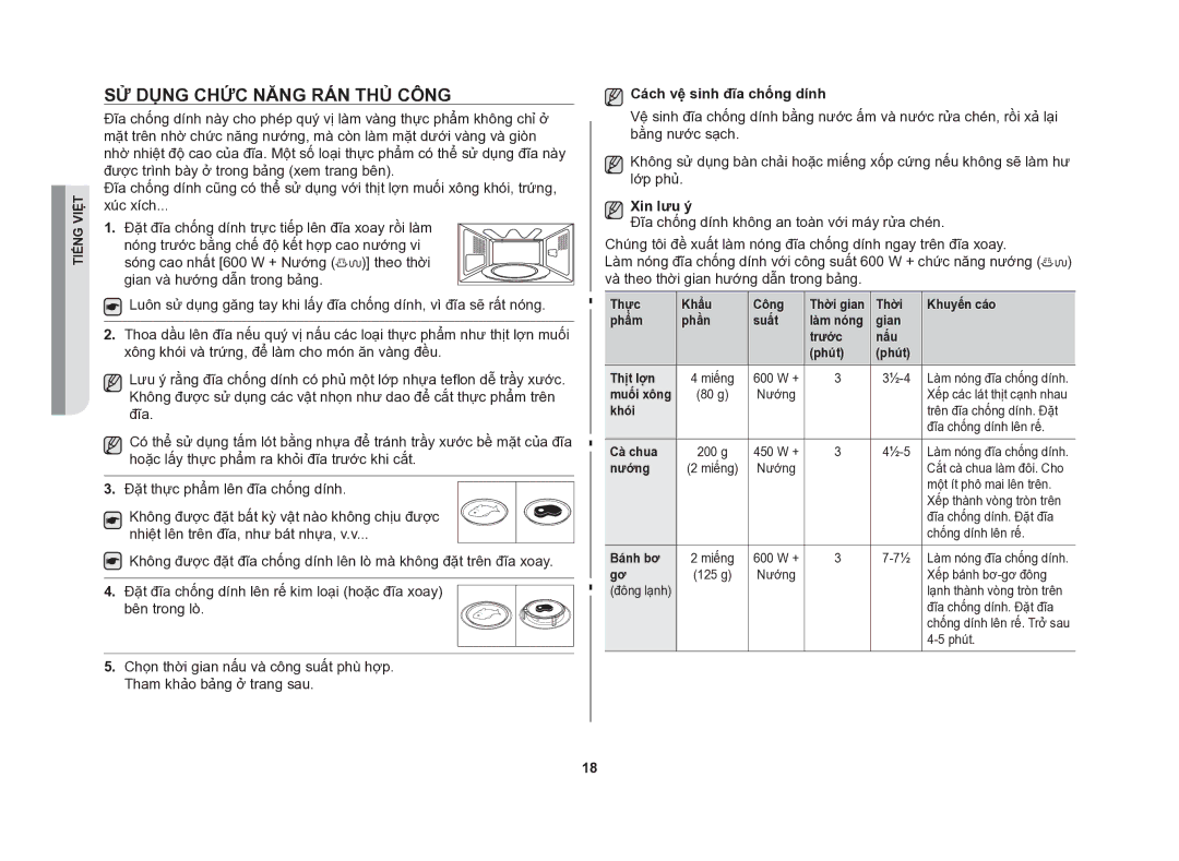 Samsung GE86NT-S/XSV manual Sử dụng chức năng rán thủ công, Cách vệ sinh đĩa chống dính, Xin lưu ý 