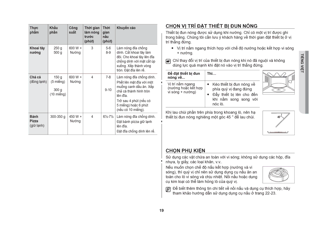 Samsung GE86NT-S/XSV manual Chọn vị trí đặt thiết bị đun nóng, Chọn phụ kiện 