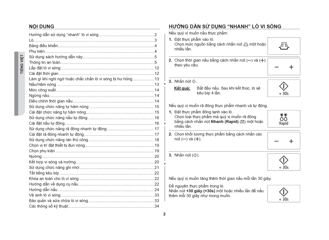 Samsung GE86NT-S/XSV manual Nội dung, Hướng dẫn sử dụng nhanh lò vi sóng 