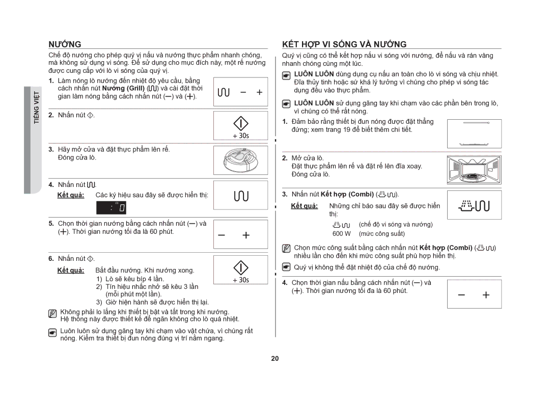 Samsung GE86NT-S/XSV manual Nướng, Kết hợp vi sóng và nướng, Nhấn nút Kết hợp Combi 