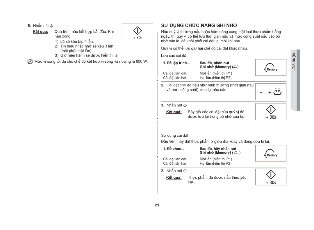 Samsung GE86NT-S/XSV manual Sử dụng chức năng ghi nhớ, Để lập trình Sau đó, nhấn nút Ghi nhớ Memory 