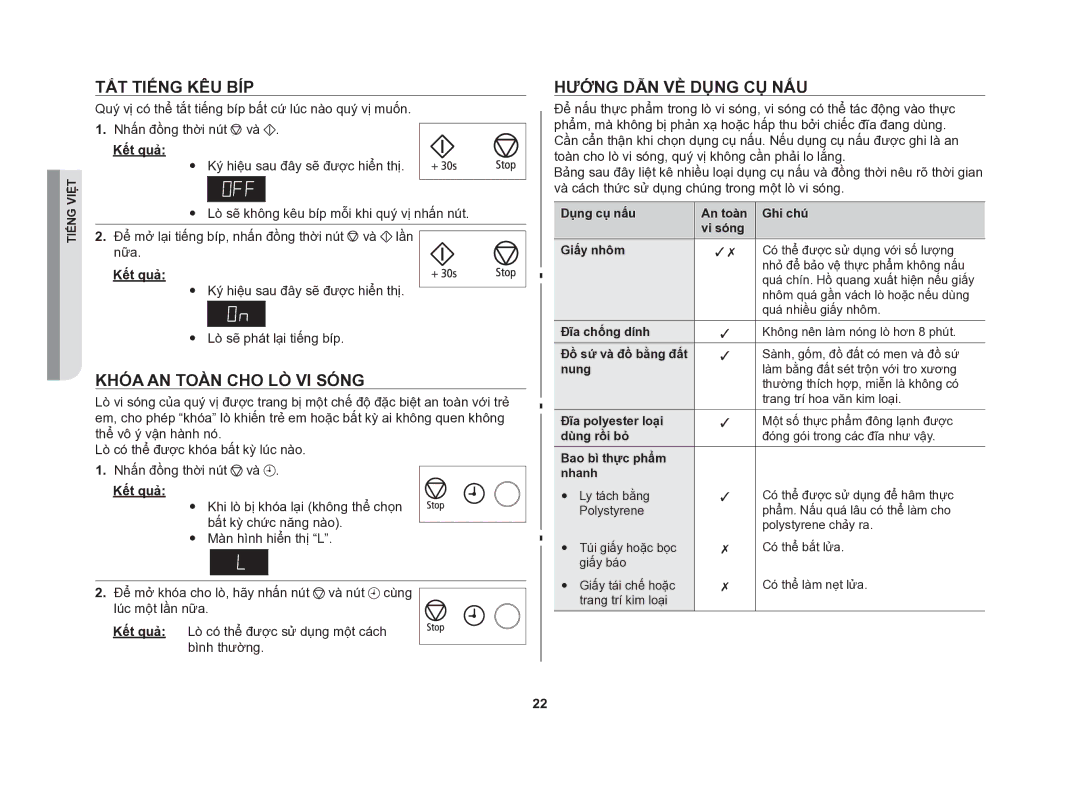 Samsung GE86NT-S/XSV manual Tắt tiếng kêu bíp, Khóa an toàn cho lò vi sóng, Hướng dẫn về dụng cụ nấu, Nữa 