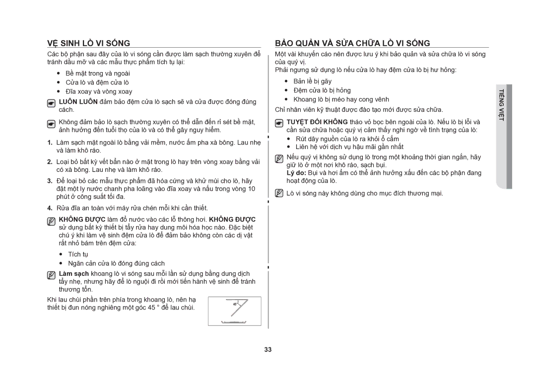 Samsung GE86NT-S/XSV manual Vệ sinh lò vi sóng, Bảo quản và sửa chữa lò vi sóng 