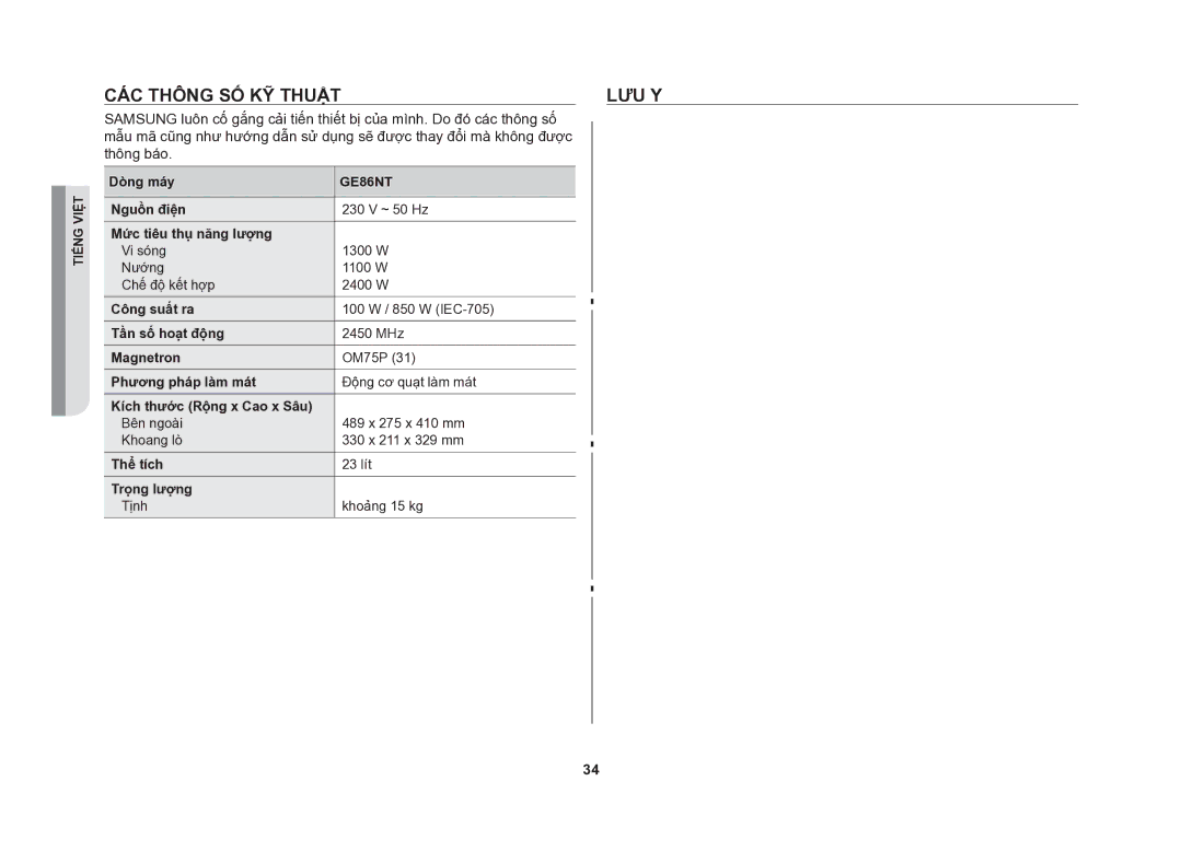 Samsung GE86NT-S/XSV manual Các thông số kỹ thuật Lưu y 