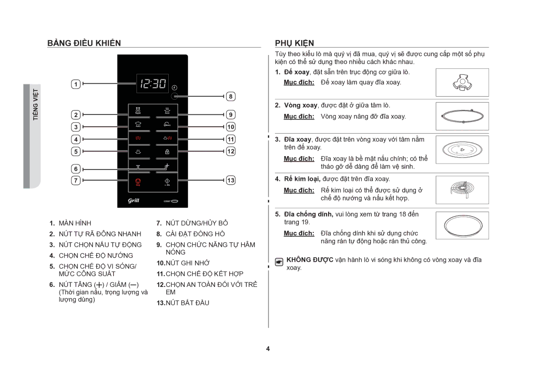 Samsung GE86NT-S/XSV manual Bảng điều khiển, Phụ kiện 