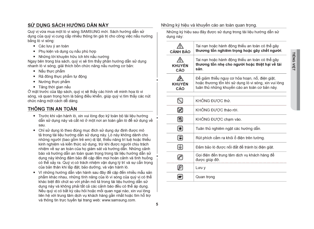 Samsung GE86NT-S/XSV manual Sử dụng sách hướng dẫn này, Thông tin an toàn, Sản, Thương tổn nghiêm trọng hoặc gây chết người 