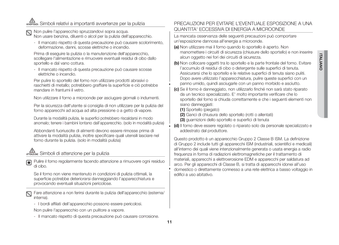 Samsung GE86NT-SX/XET manual Attenzione Simboli di attenzione per la pulizia 