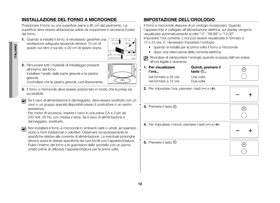 Samsung GE86NT-SX/XET manual Installazione del forno a microonde, Impostazione dell’orologio 