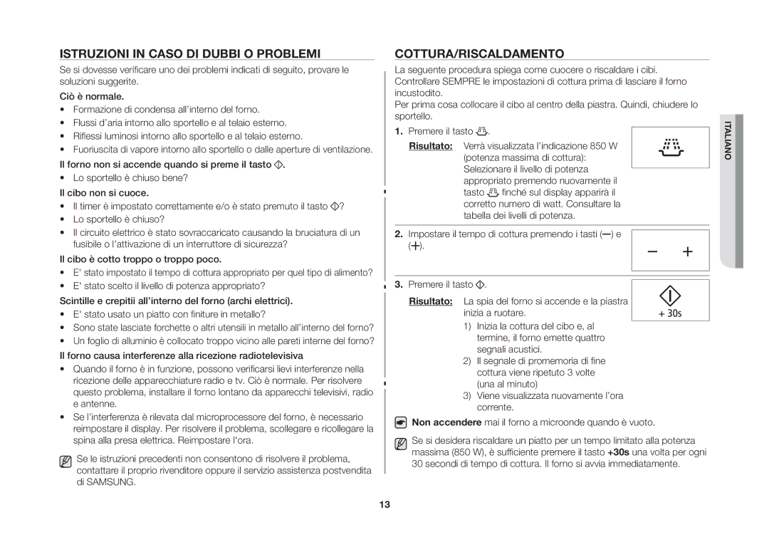 Samsung GE86NT-SX/XET manual Istruzioni in caso di dubbi o problemi, Cottura/Riscaldamento 