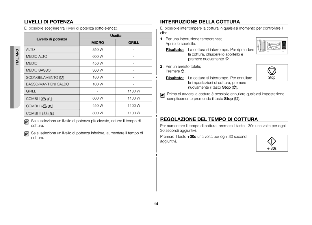 Samsung GE86NT-SX/XET manual Livelli di potenza, Interruzione della cottura, Regolazione del tempo di cottura, Uscita 