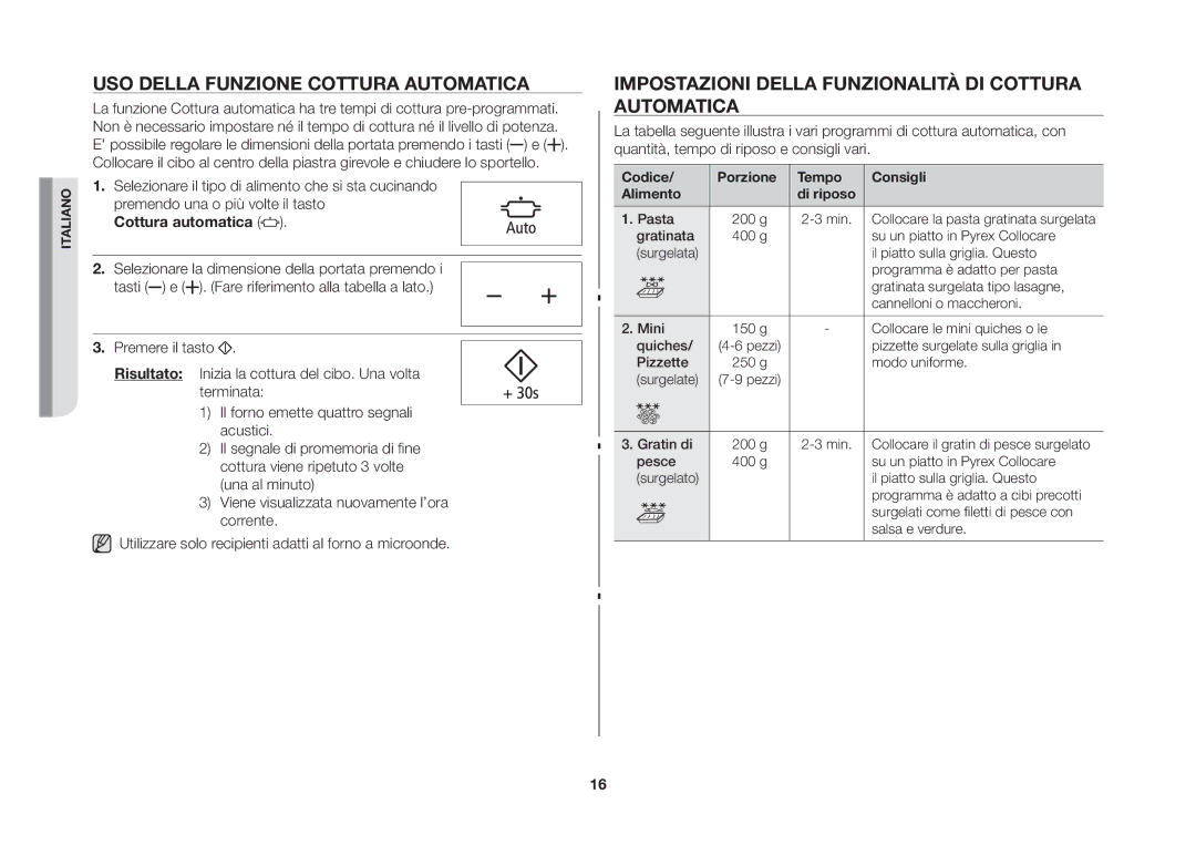 Samsung GE86NT-SX/XET manual Uso della funzione cottura automatica, Impostazioni della funzionalità di cottura automatica 