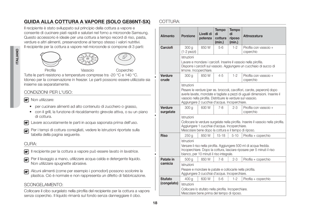 Samsung GE86NT-SX/XET manual Guida alla cottura a vapore solo GE86NT-SX, Condizioni PER Luso, Cura, Scongelamento, Cottura 