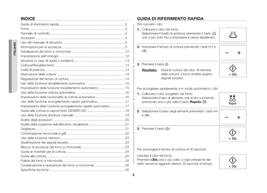 Samsung GE86NT-SX/XET manual Indice, Guida di riferimento rapida 