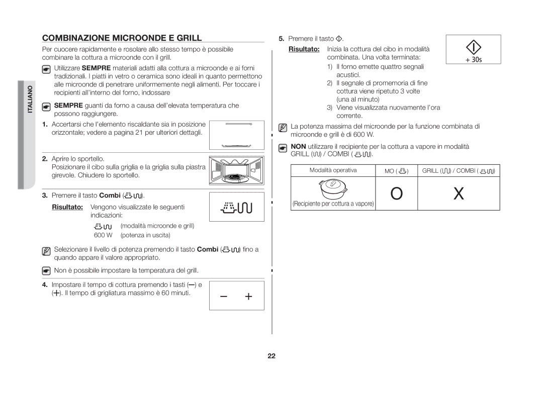 Samsung GE86NT-SX/XET manual Combinazione microonde e grill, Modalità microonde e grill 600 W potenza in uscita 