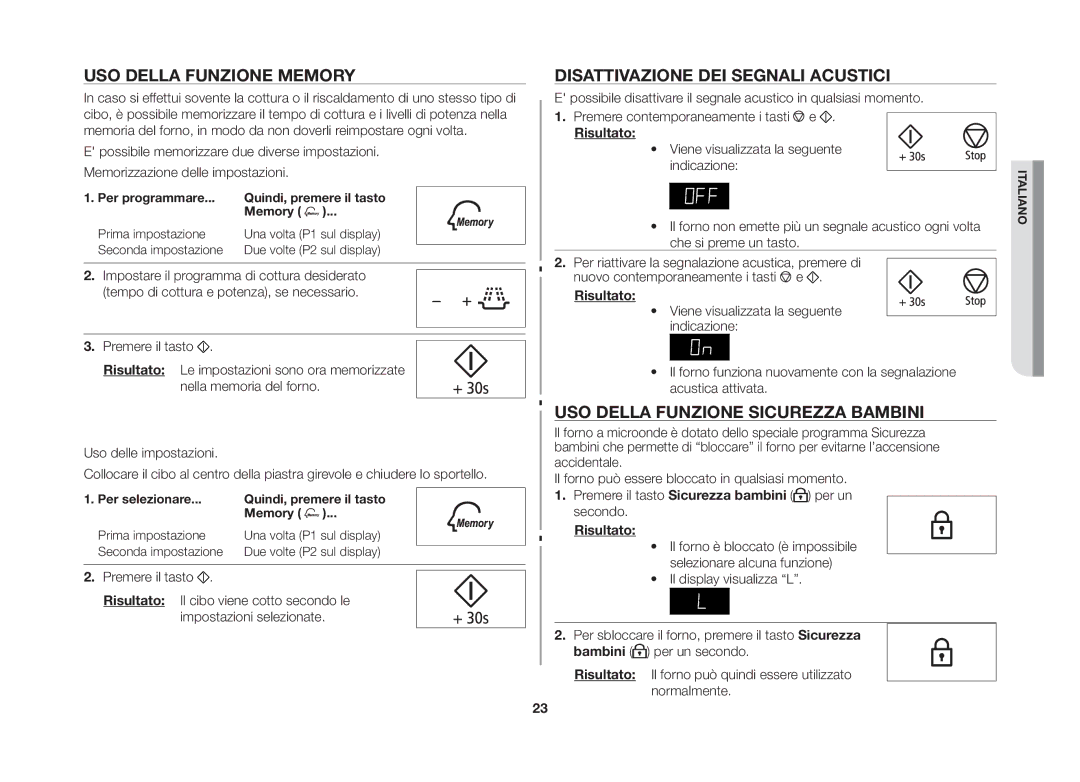 Samsung GE86NT-SX/XET Uso della funzione memory, Disattivazione dei segnali acustici, Uso della funzione Sicurezza bambini 