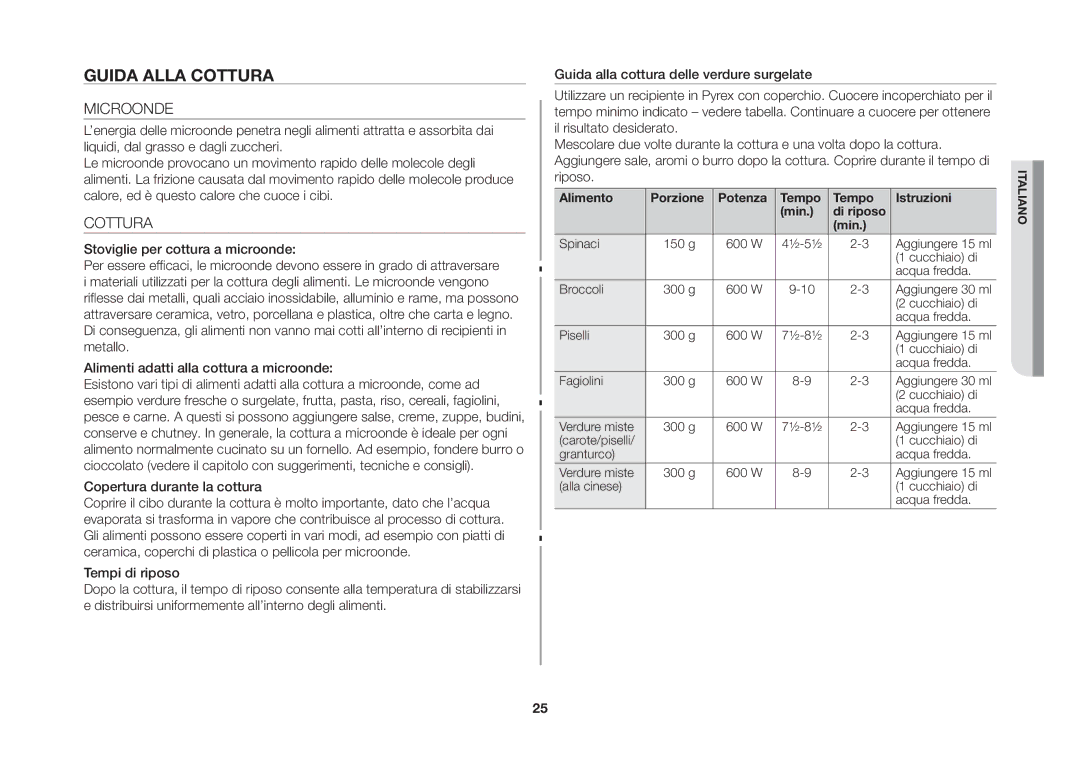 Samsung GE86NT-SX/XET manual Guida alla cottura, Microonde, Alimento Porzione Potenza Tempo Istruzioni Min 