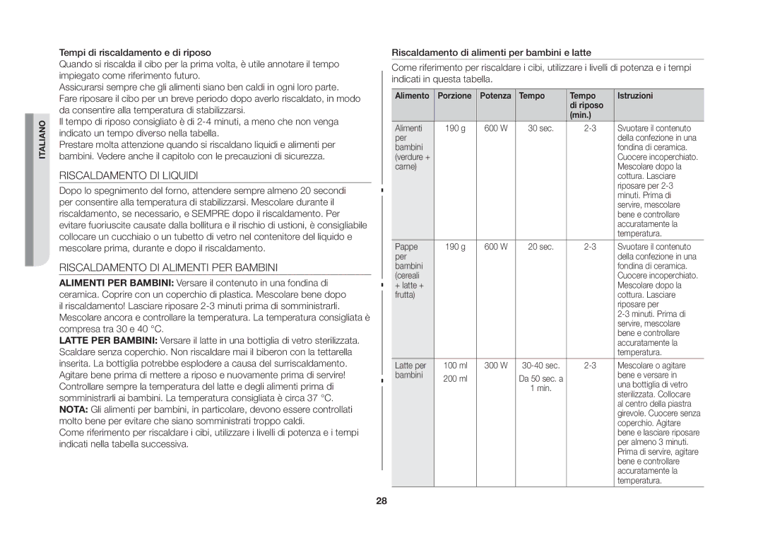 Samsung GE86NT-SX/XET manual Riscaldamento DI Liquidi, Riscaldamento DI Alimenti PER Bambini 