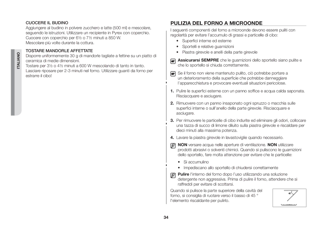 Samsung GE86NT-SX/XET manual Pulizia del forno a microonde, Cuocere IL Budino 