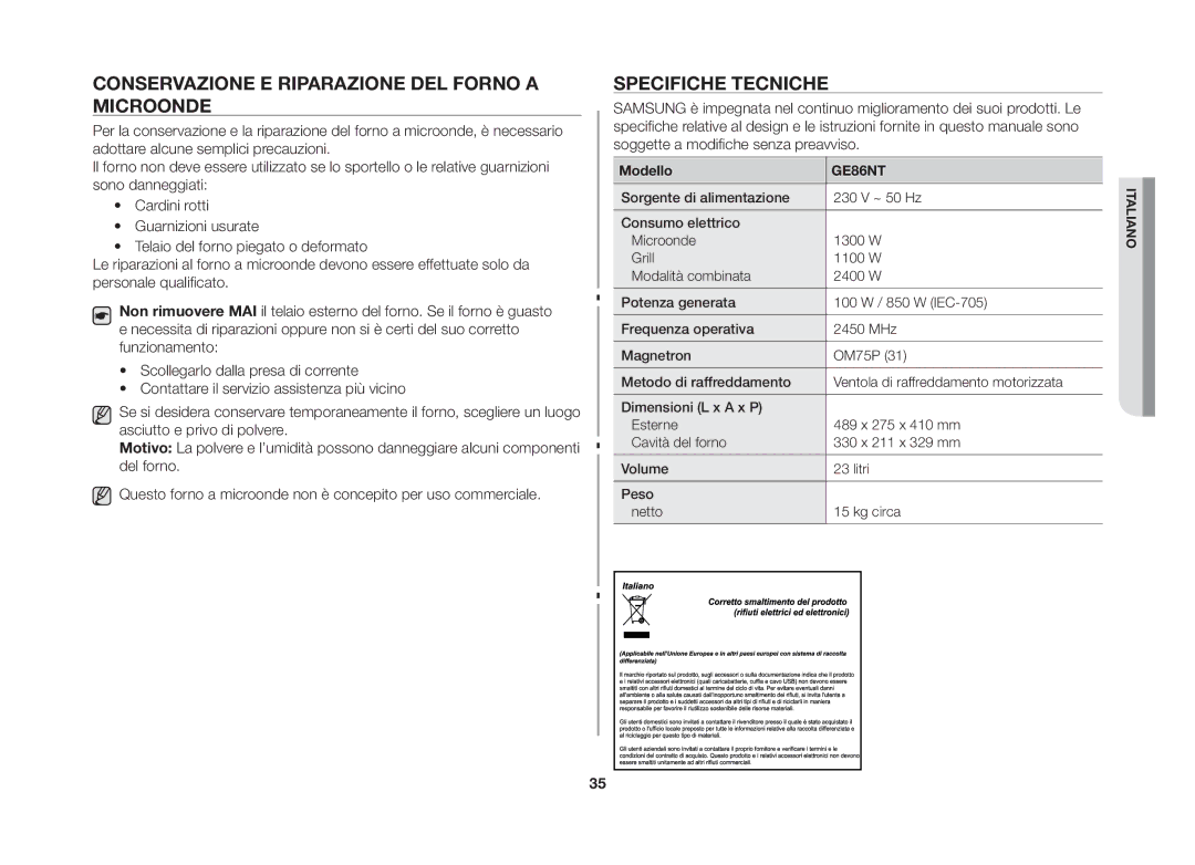 Samsung GE86NT-SX/XET manual Conservazione e riparazione del forno a microonde, Specifiche tecniche, Modello 