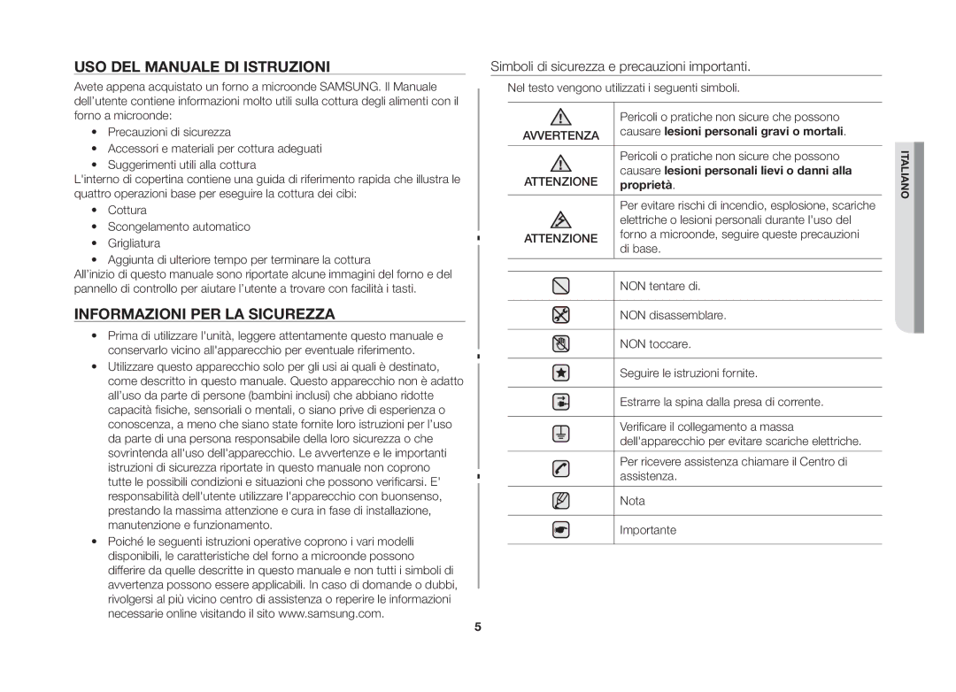 Samsung GE86NT-SX/XET Uso del manuale di istruzioni, Informazioni per la sicurezza 