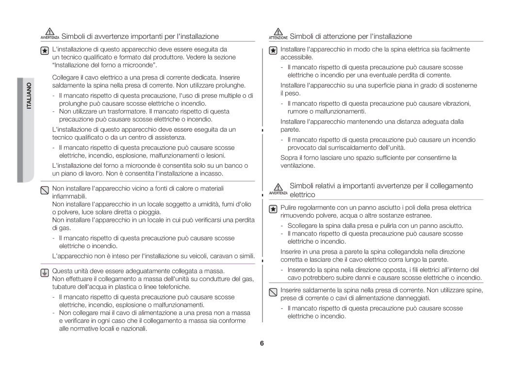 Samsung GE86NT-SX/XET manual Simboli relativi a importanti avvertenze per il collegamento 