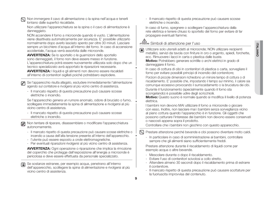 Samsung GE86NT-SX/XET manual Attenzione Simboli di attenzione per luso 