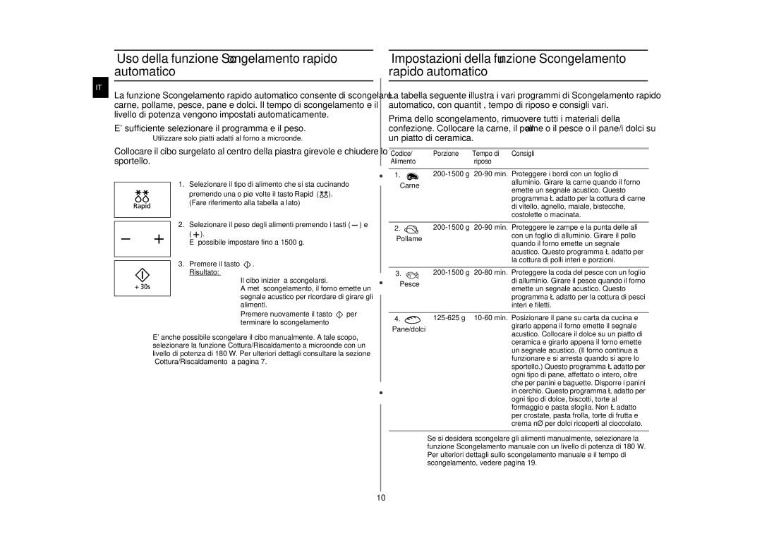 Samsung GE86NT/XET manual Uso della funzione Scongelamento rapido automatico 