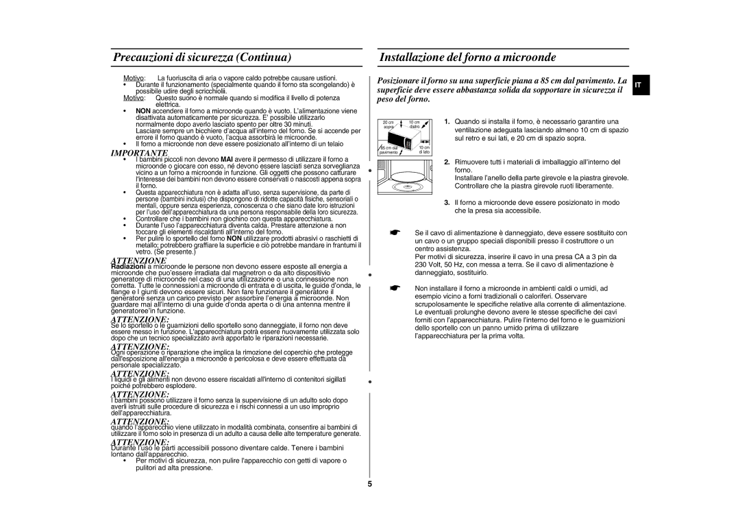 Samsung GE86NT/XET manual Precauzioni di sicurezza Continua, Installazione del forno a microonde, Importante, Attenzione 